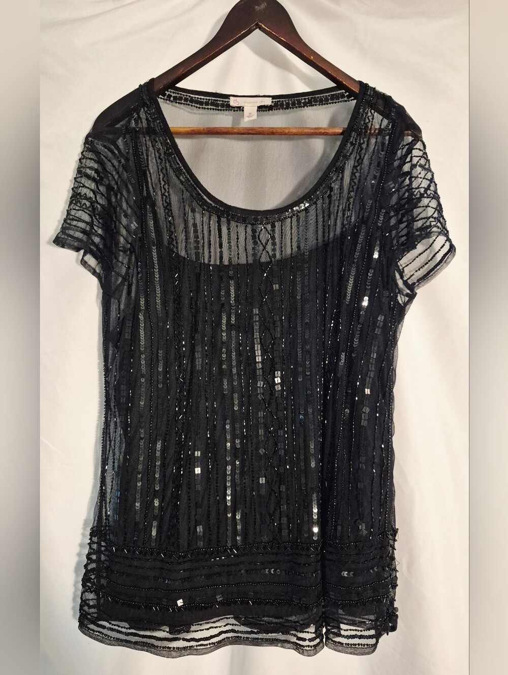 Dress Barn Black Sheer Beaded Short-Sleeve Top